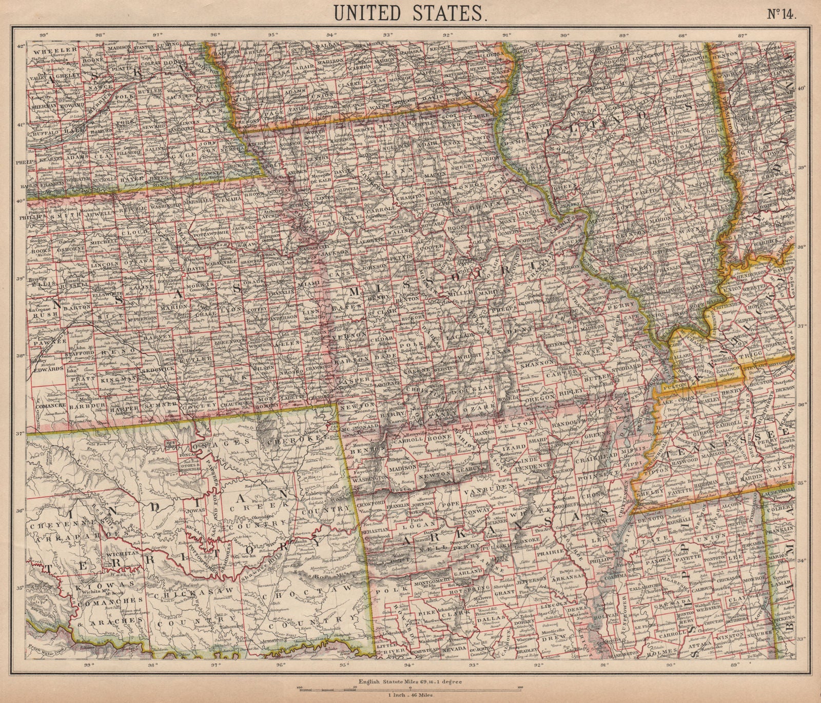MISSOURI IL AR. INDIAN TERRITORY native American tribal reserves. LETTS 1889 map